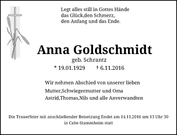 Todesanzeige von Anna Goldschmidt von Rheinische Post