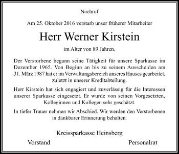 Todesanzeige von Werner Kirstein von Rheinische Post