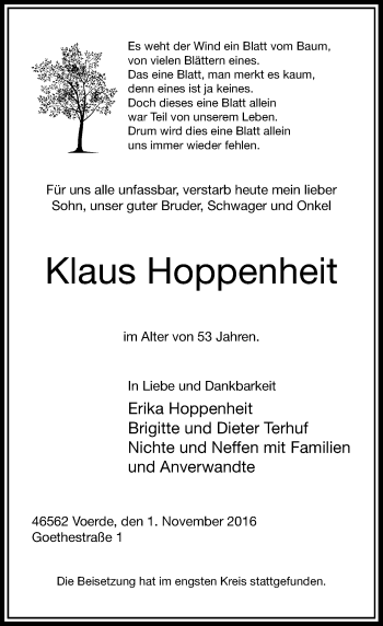 Todesanzeige von Klaus Hoppenheit von Rheinische Post