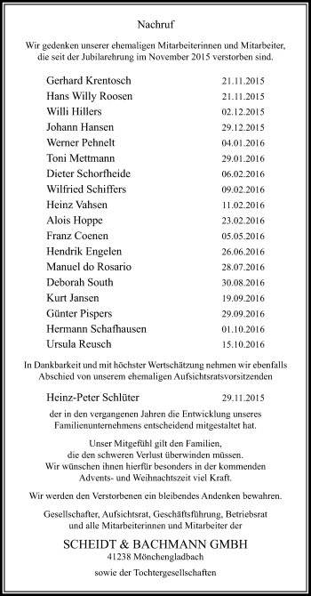 Todesanzeige von In Gedenken Scheidt und Bachmann GmbH von Rheinische Post