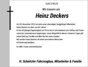 Todesanzeige von Heinz Deckers von Rheinische Post