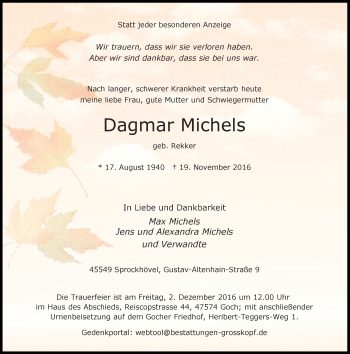 Todesanzeige von Dagmar Michels von Rheinische Post