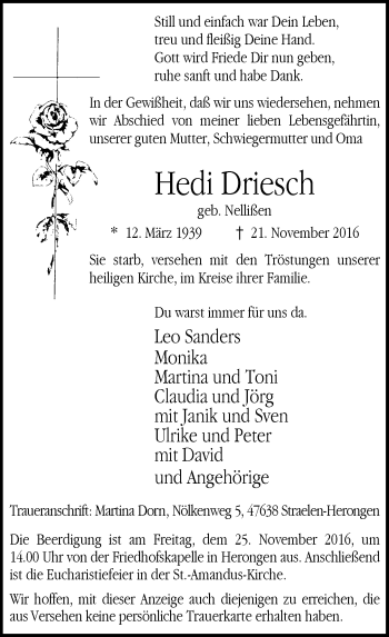 Todesanzeige von Hedi Driesch von Rheinische Post