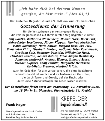Todesanzeige von In Gedenken Krefelder Begräbnisbund von Rheinische Post