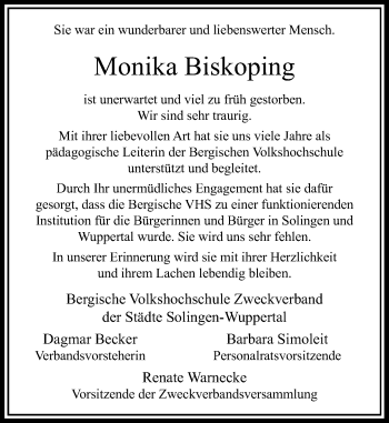Todesanzeige von Monika Biskoping von Rheinische Post