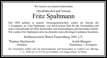 Todesanzeige von Fritz Spaltmann von Rheinische Post