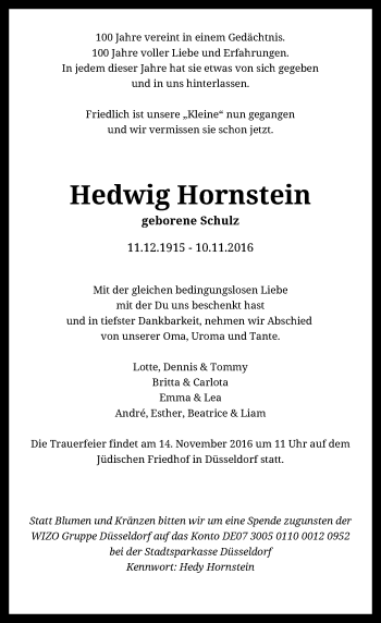 Todesanzeige von Hedwig Hornstein von Rheinische Post
