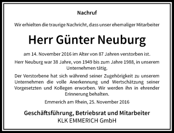 Todesanzeige von Günter Neuburg von Rheinische Post