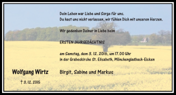 Todesanzeige von Wolfgang Wirtz von Rheinische Post