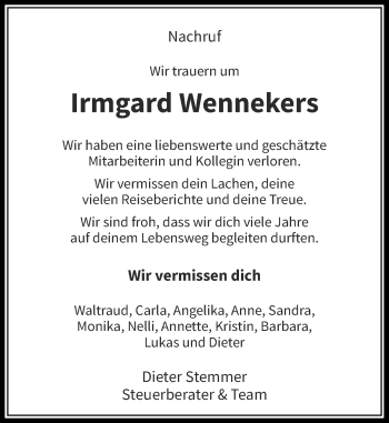 Todesanzeige von Irmgard Wennekers von Rheinische Post