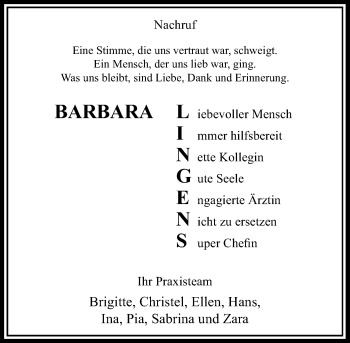 Todesanzeige von Barbara Lingens von Rheinische Post