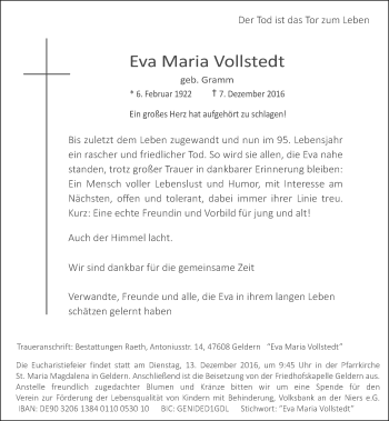 Todesanzeige von Eva Maria Vollstedt von Rheinische Post