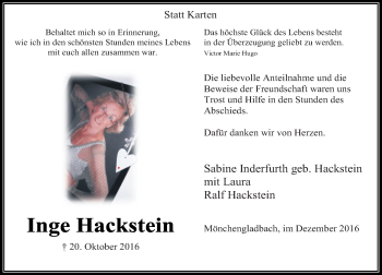 Todesanzeige von Inge Hackstein von Rheinische Post