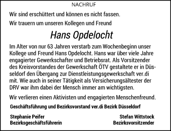 Todesanzeige von Hans Opdelocht von Rheinische Post