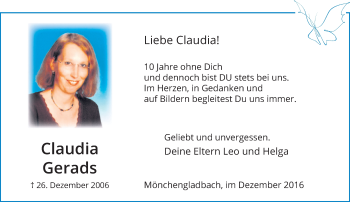 Todesanzeige von Claudia Gerads von Rheinische Post