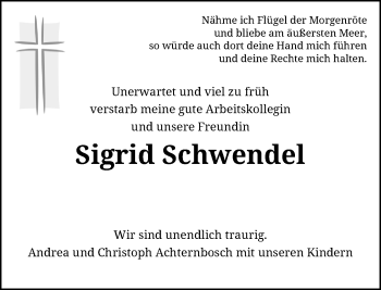 Todesanzeige von Sigrid Schwendel von Rheinische Post