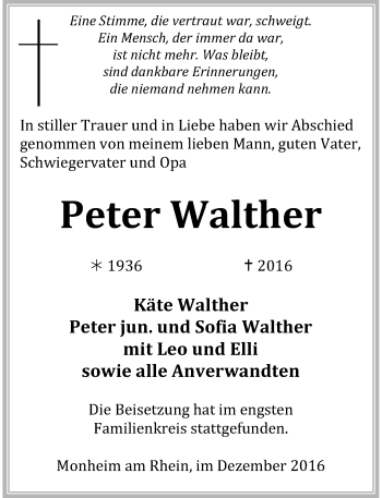 Todesanzeige von Peter Walther von Rheinische Post