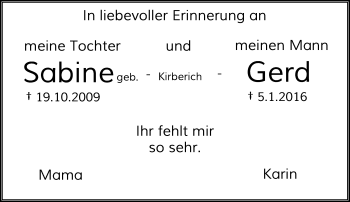 Todesanzeige von Sabine/Gerd Kirberich von Rheinische Post