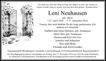 Todesanzeige von Leni Neuhausen von Rheinische Post