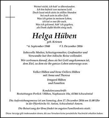 Todesanzeige von Helga Hüben von Rheinische Post