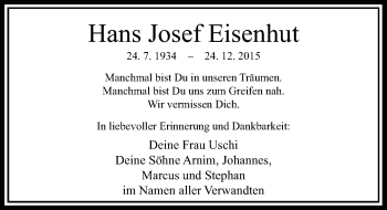 Todesanzeige von Hans Josef Eisenhut von Rheinische Post