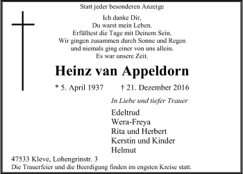 Todesanzeige von Heinz van Appeldorn von Rheinische Post