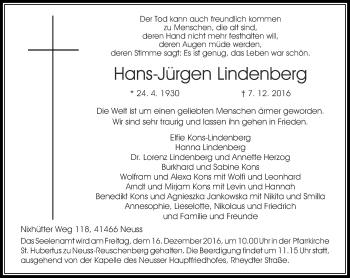 Todesanzeige von Hans-Jürgen Lindenberg von Rheinische Post