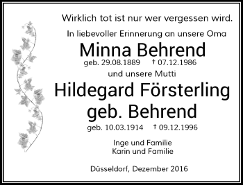 Todesanzeige von Minna und Hildegard  von Rheinische Post