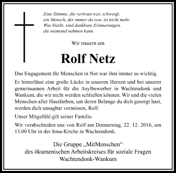 Todesanzeige von Rolf Netz von Rheinische Post