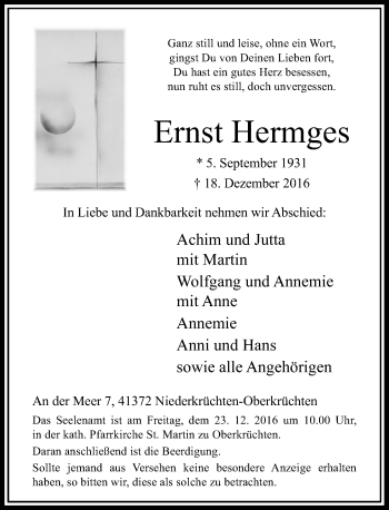 Todesanzeige von Ernst Hermges von Rheinische Post