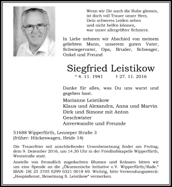 Todesanzeige von Siegfried Leistikow von Rheinische Post