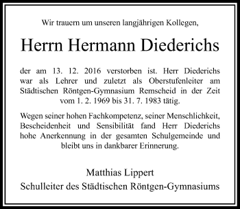 Todesanzeige von Hermann Diederichs von Rheinische Post