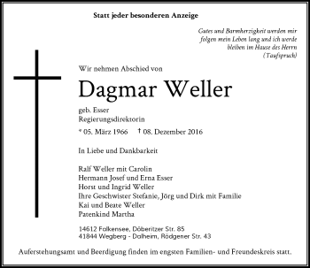 Todesanzeige von Dagmar Weller von Rheinische Post