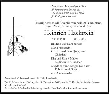 Todesanzeige von Heinrich Hackstein von Rheinische Post