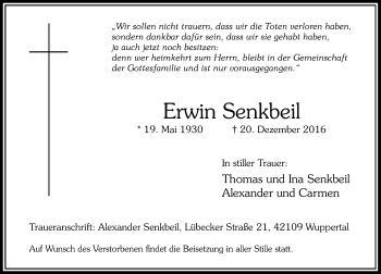 Todesanzeige von Erwin Senkbeil von Rheinische Post