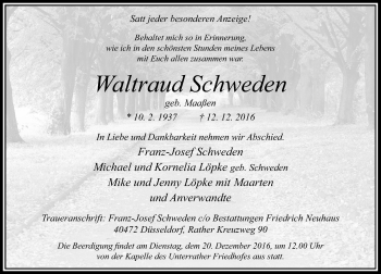 Todesanzeige von Waltraud Schweden von Rheinische Post
