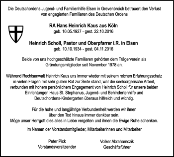 Todesanzeige von Im Gedenken Kaus, Scholl von Rheinische Post