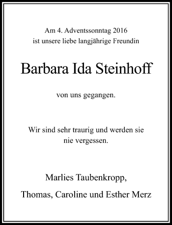 Todesanzeige von Barbara Ida Steinhoff von Rheinische Post