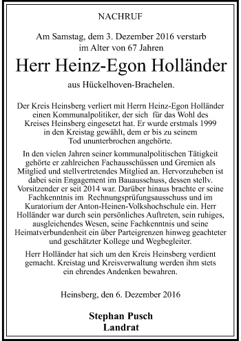 Todesanzeige von Heinz-Egon Holländer von Rheinische Post