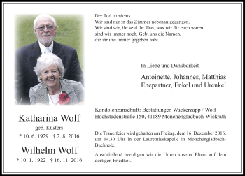 Todesanzeige von Katharina und Wilhelm Wolf von Rheinische Post