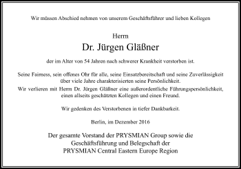 Todesanzeige von Jürgen Gläßner von Rheinische Post