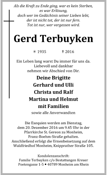 Todesanzeige von Gerd Terbuyken von Rheinische Post