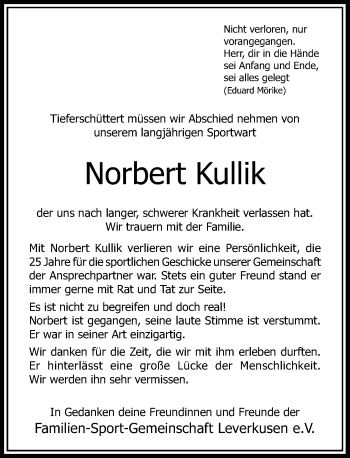 Todesanzeige von Norbert Kullik von Rheinische Post