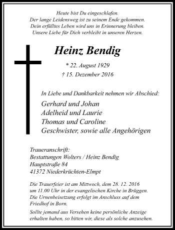 Todesanzeige von Heinz Bendig von Rheinische Post