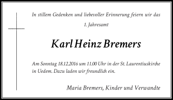 Todesanzeige von Karl Heinz Bremers von Rheinische Post