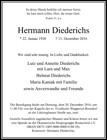 Todesanzeige von Hermann Diederichs von Rheinische Post