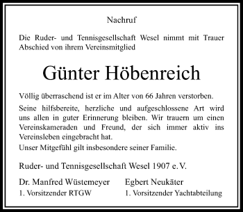Todesanzeige von Günter Höbenreich von Rheinische Post