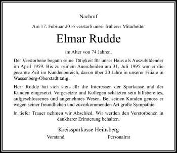 Todesanzeige von Elmar Rudde von Rheinische Post