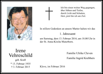 Todesanzeige von Irene Vehreschild von Rheinische Post