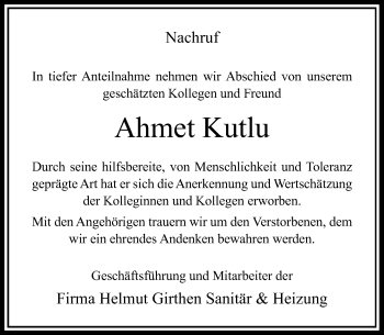 Todesanzeige von Ahmet Kutlu von Rheinische Post